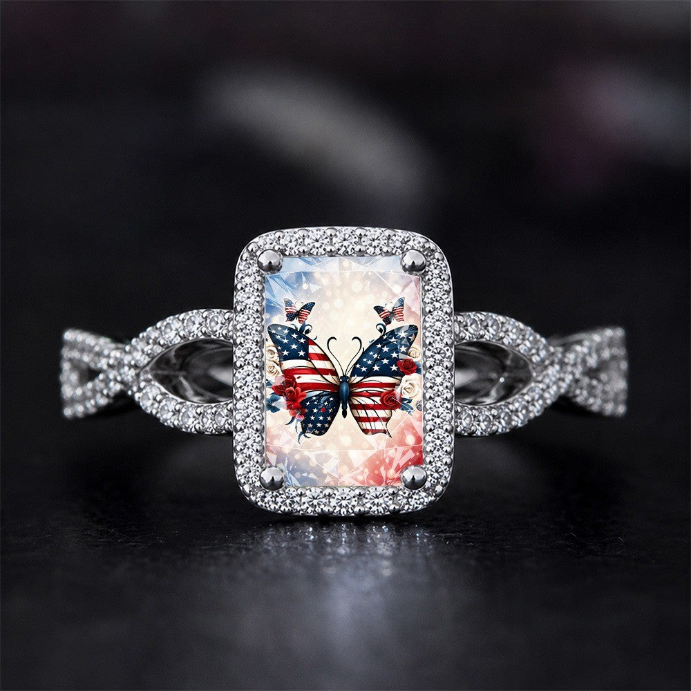 Patriotic Butterfly & Rose Square Ring