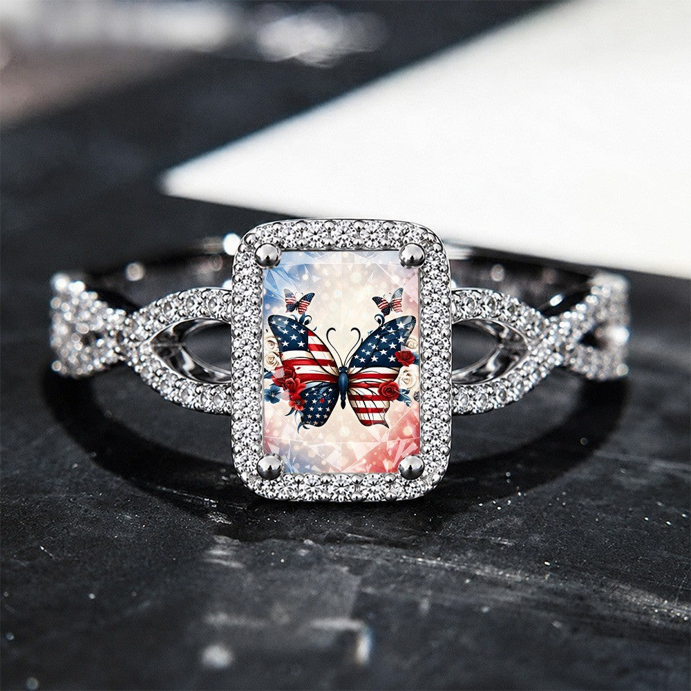 Patriotic Butterfly & Rose Square Ring
