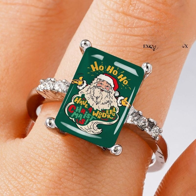 Green Santa Claus Text Square Ring
