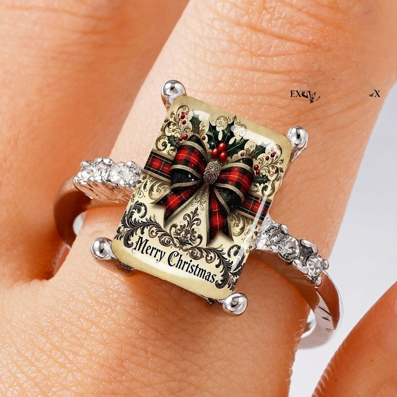Christmas Plaid Bow Square Ring