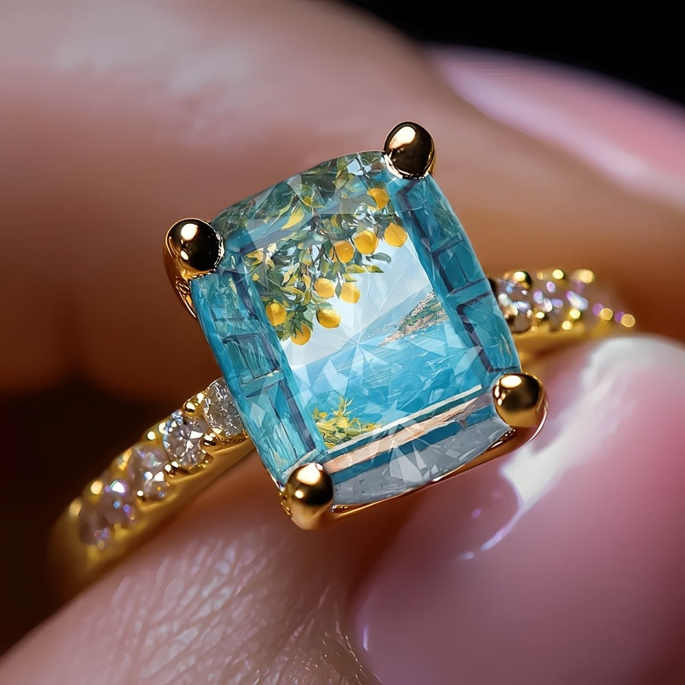 Blue Window Scene Square Ring