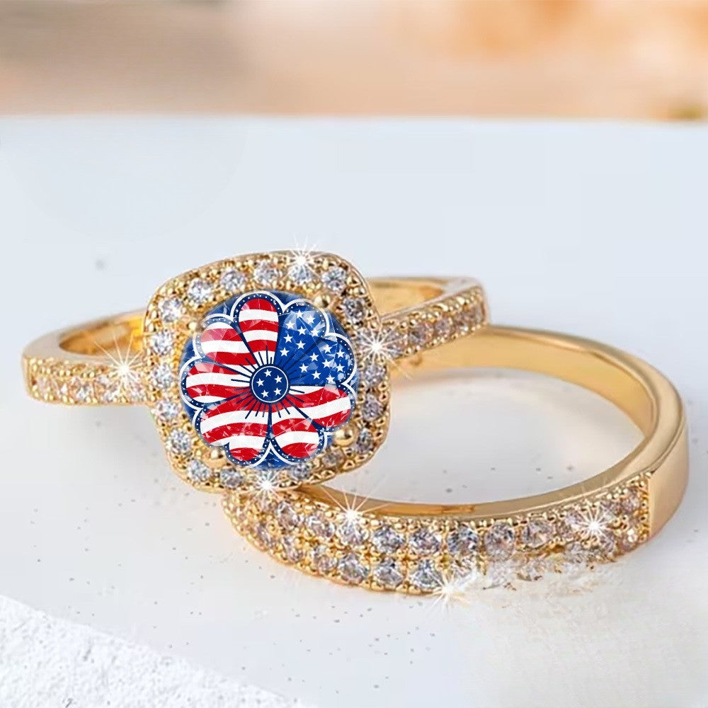 American Flag Flower Ring Set