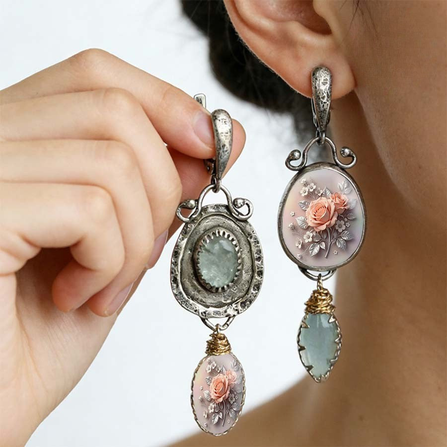 Vintage Rose & Seafoam Asymmetrical Drop Earrings