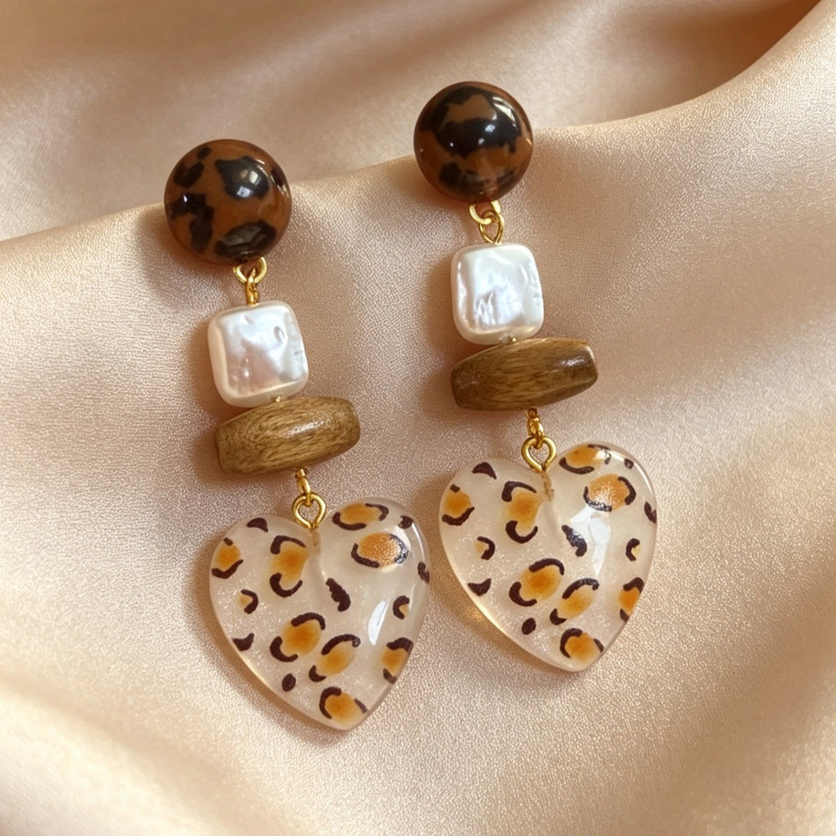 Leopard Beaded Heart Drop Earrings