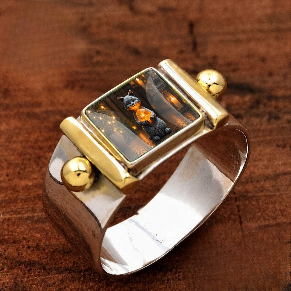 Cat Holding Orb Square Ring