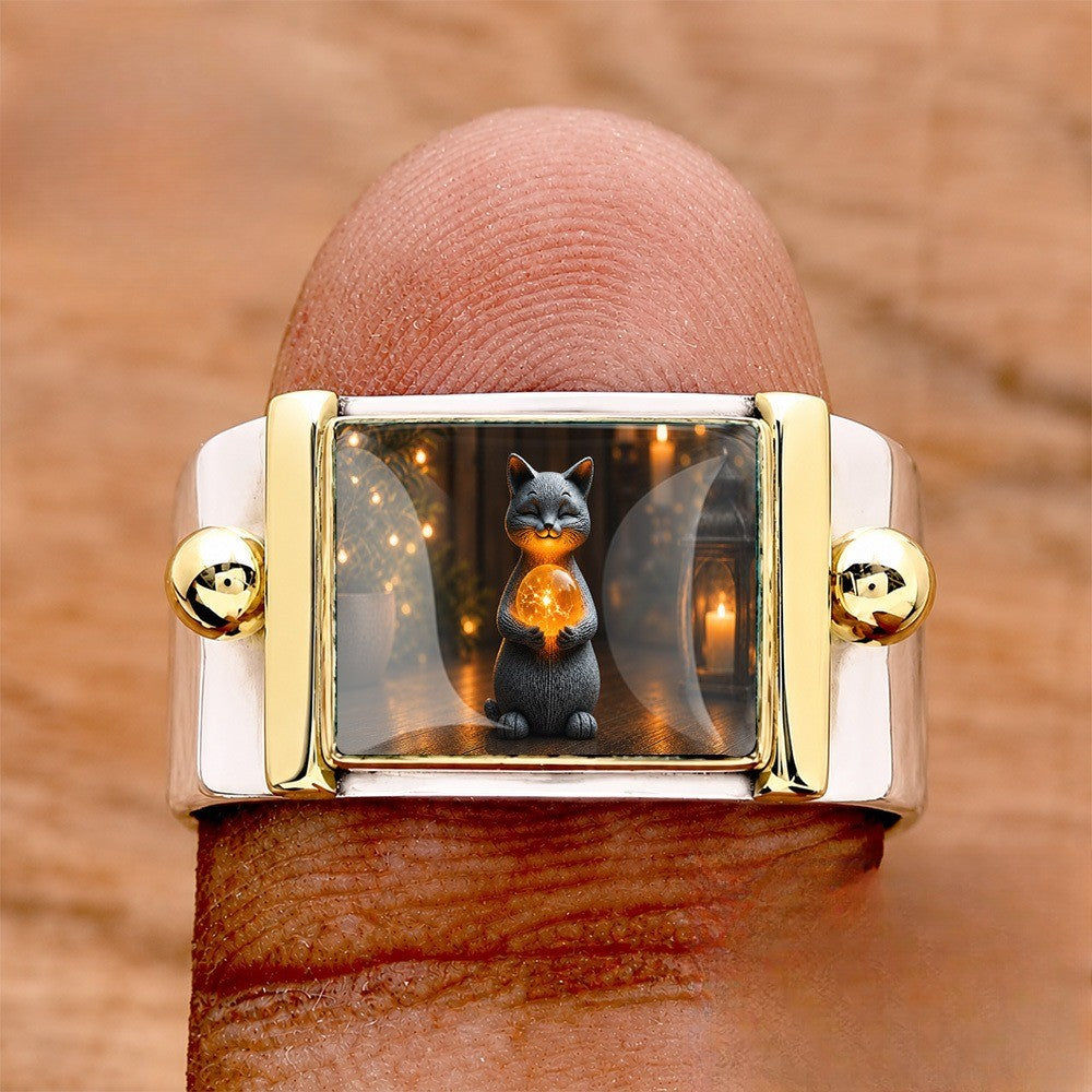Cat Holding Orb Square Ring