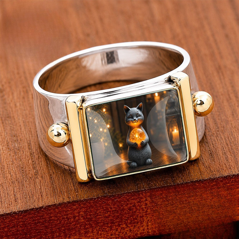 Cat Holding Orb Square Ring