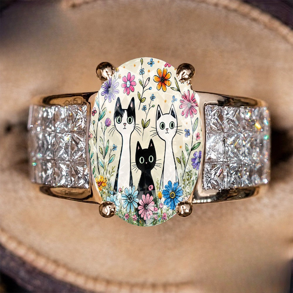 Three Cat Floral Statement Ring