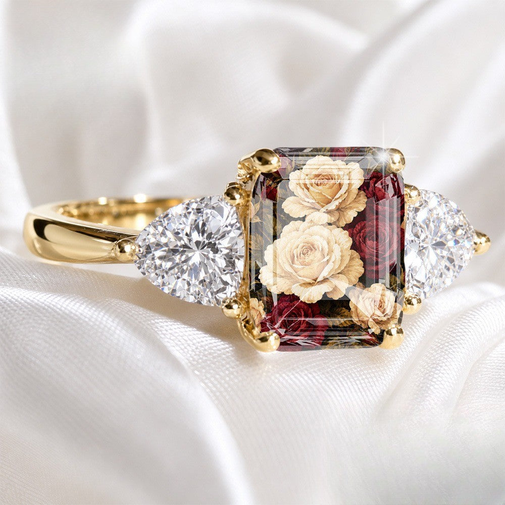 Floral Glass Three-Stone Ring