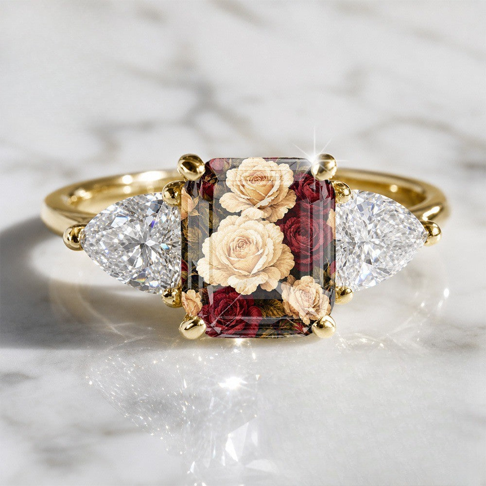 Floral Glass Three-Stone Ring
