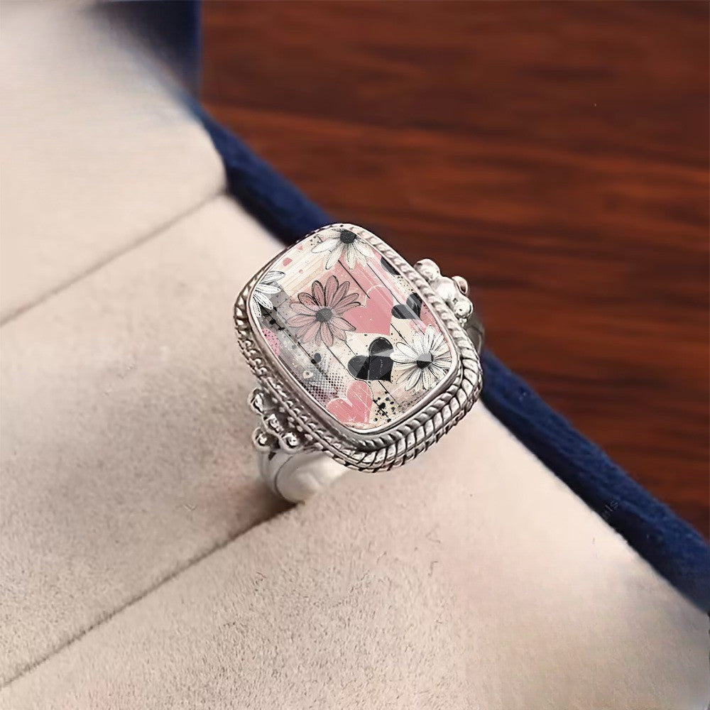 Pink Floral Heart Square Ring