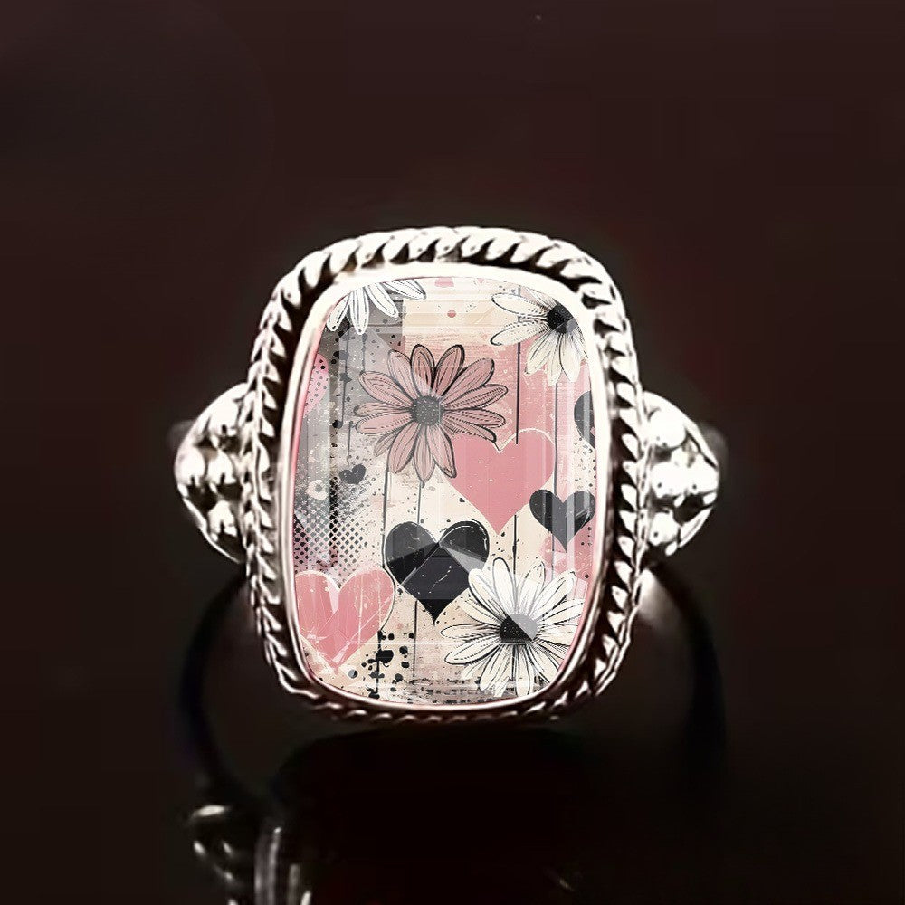 Pink Floral Heart Square Ring