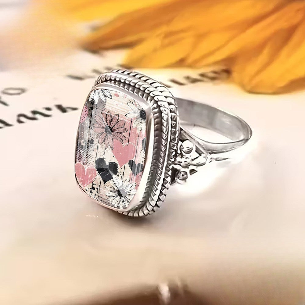Pink Floral Heart Square Ring