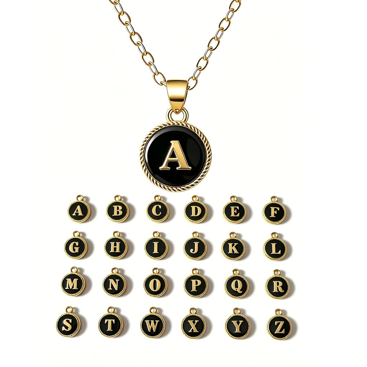 Black Enamel Initial Coin Necklace