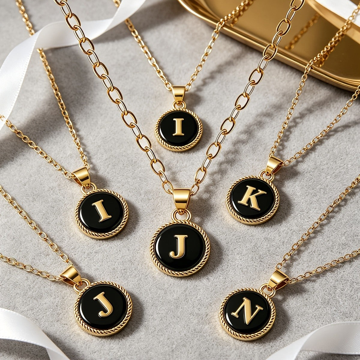 Black Enamel Initial Coin Necklace