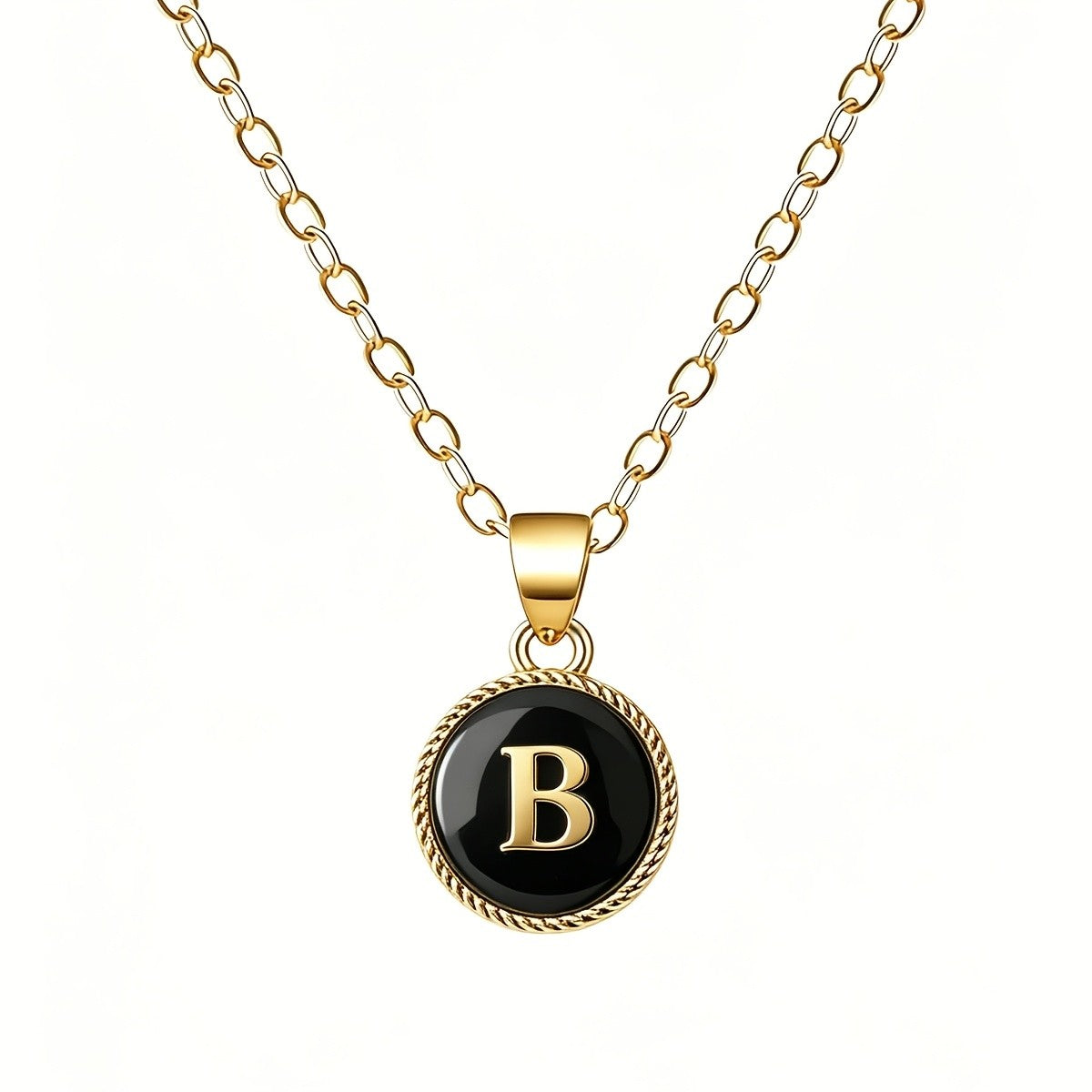 Black Enamel Initial Coin Necklace