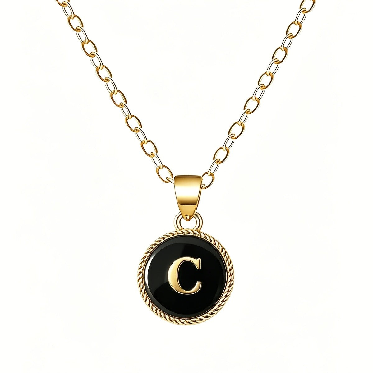 Black Enamel Initial Coin Necklace