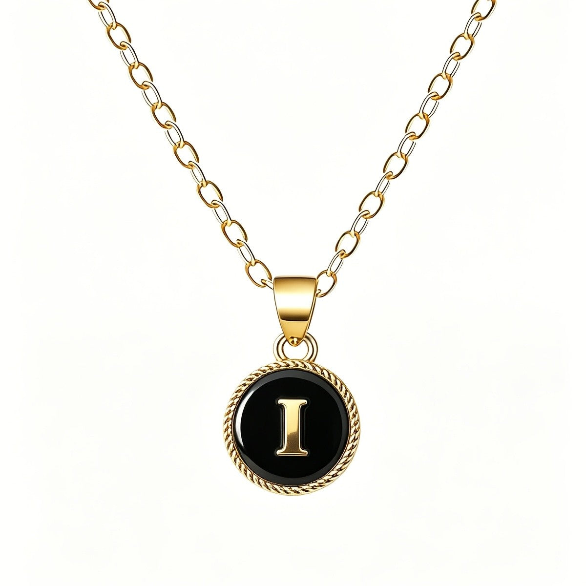 Black Enamel Initial Coin Necklace