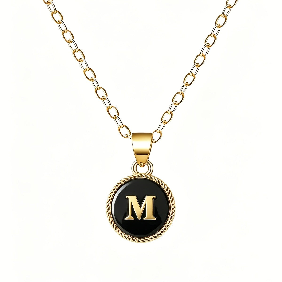 Black Enamel Initial Coin Necklace
