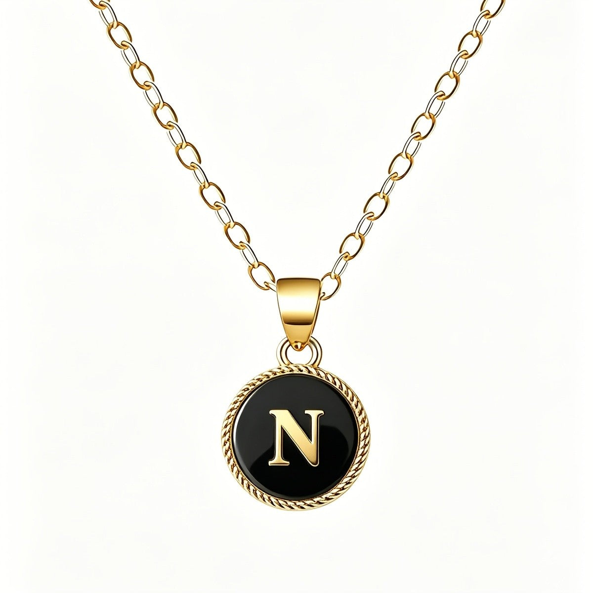 Black Enamel Initial Coin Necklace
