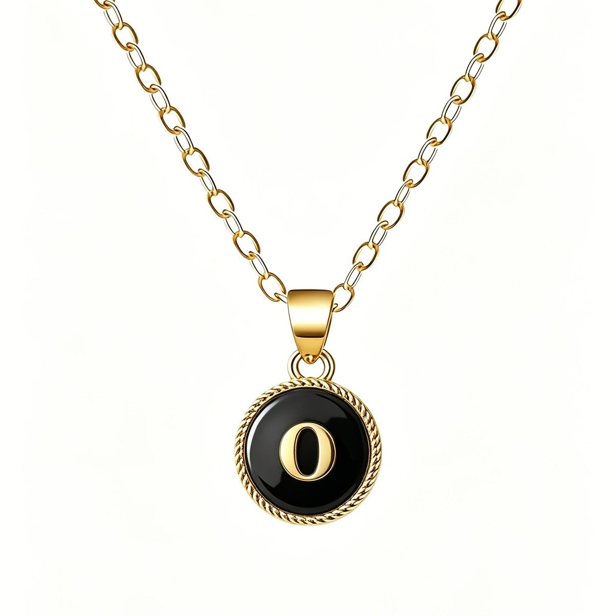 Black Enamel Initial Coin Necklace