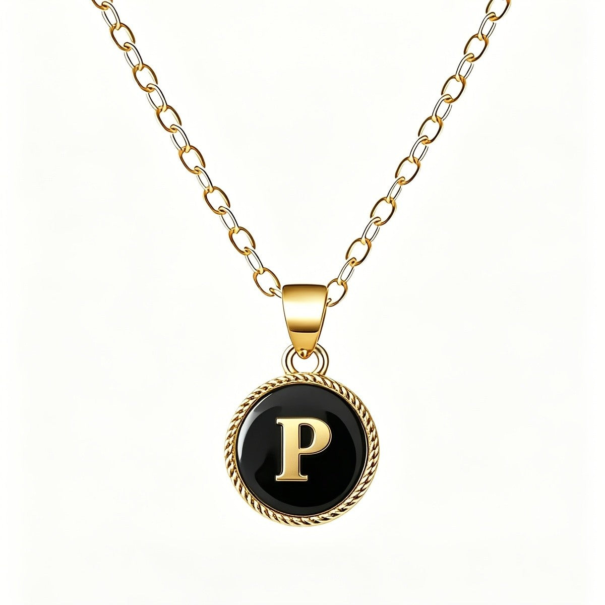 Black Enamel Initial Coin Necklace