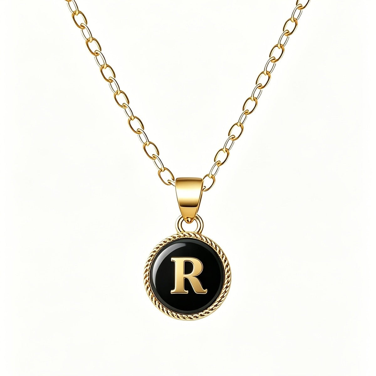Black Enamel Initial Coin Necklace