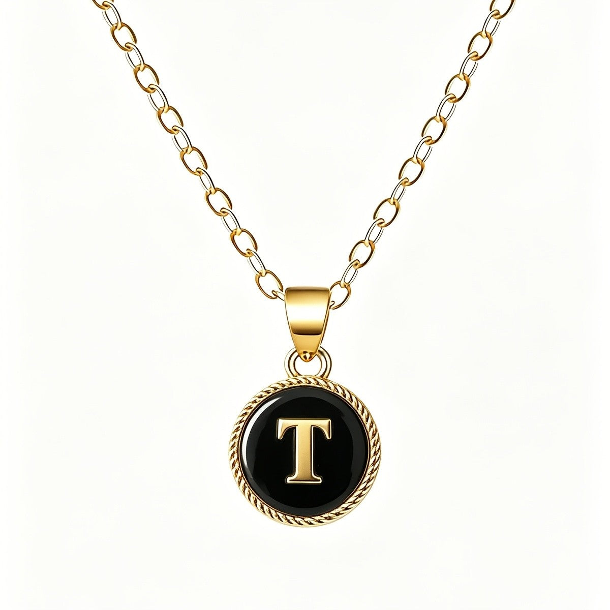 Black Enamel Initial Coin Necklace