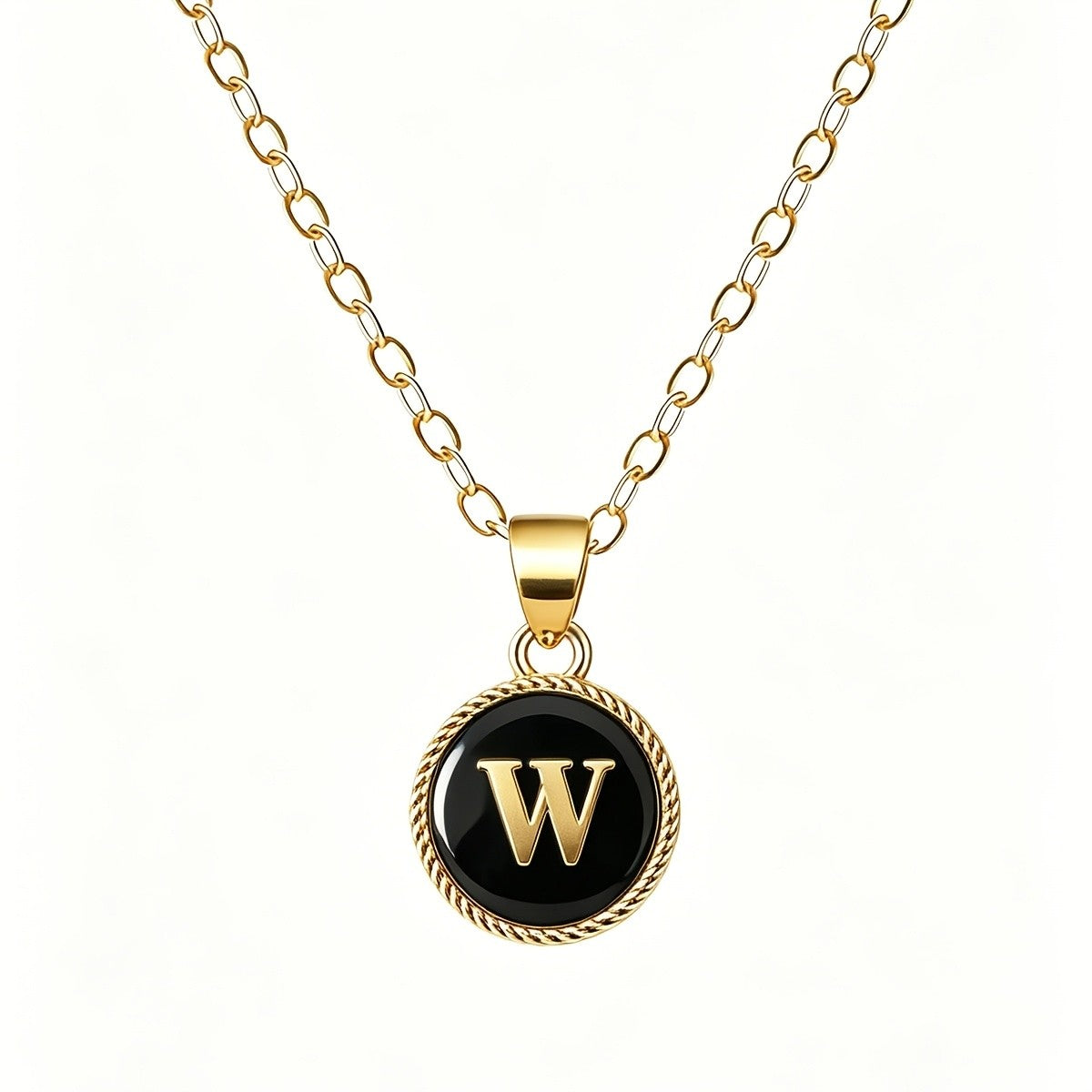 Black Enamel Initial Coin Necklace