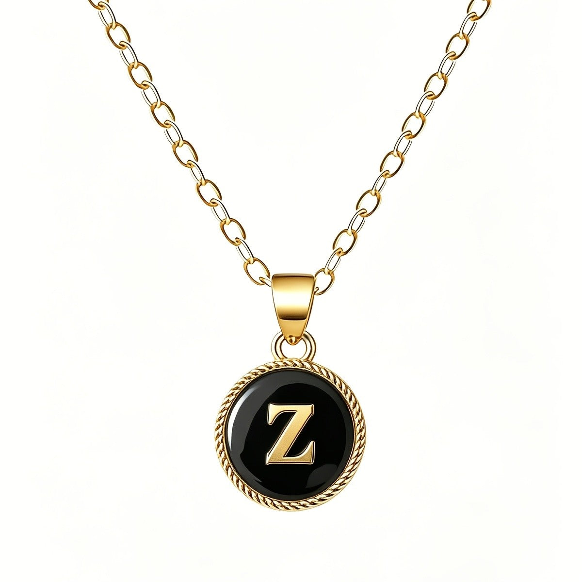 Black Enamel Initial Coin Necklace