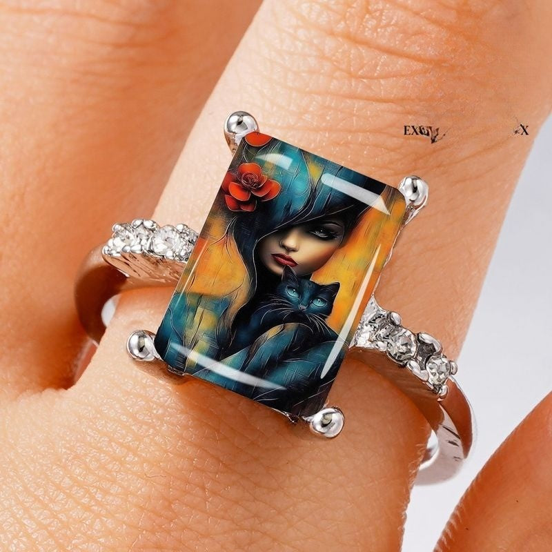Artistic Woman & Cat Rectangular Ring