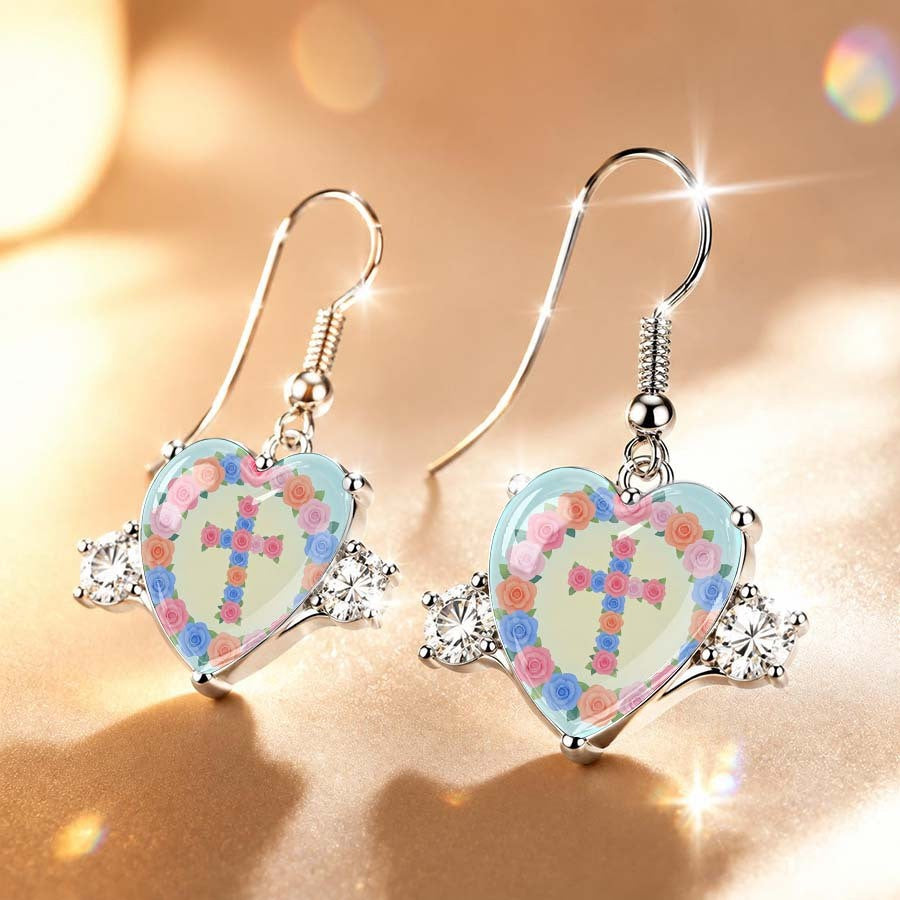 Pastel Floral Cross Heart Earrings