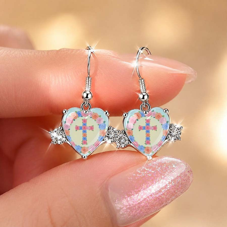 Pastel Floral Cross Heart Earrings
