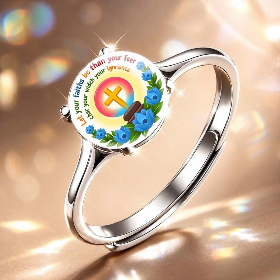 Inspirational Quote & Blue Floral Cross Ring