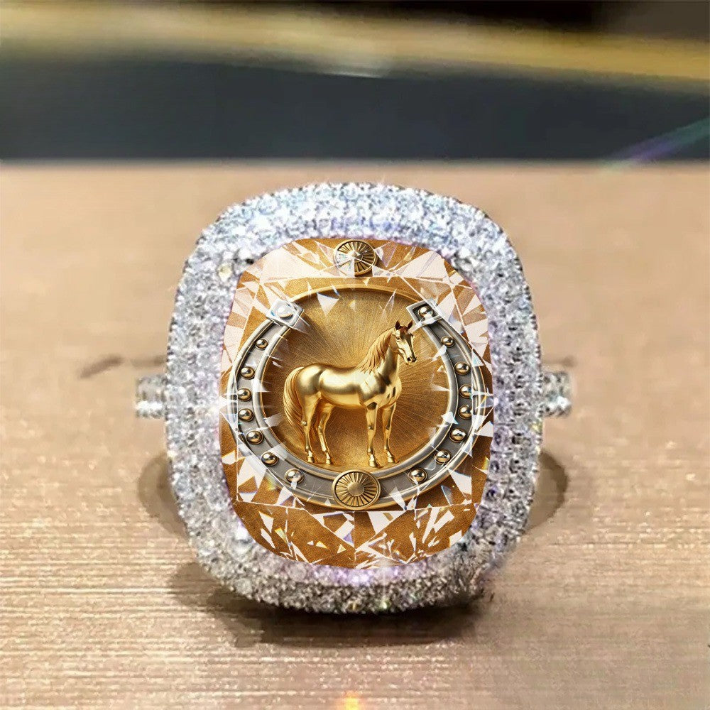 Golden Horse Horseshoe Square Ring