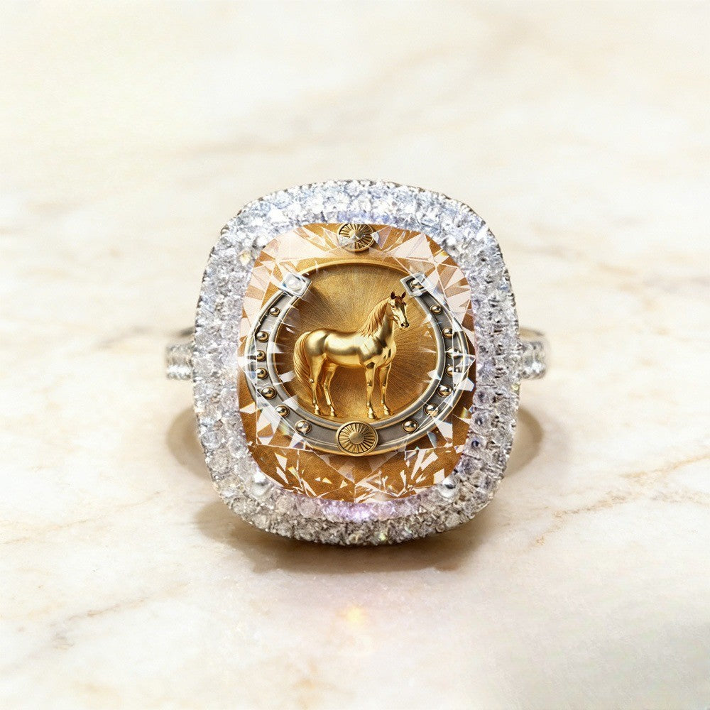 Golden Horse Horseshoe Square Ring