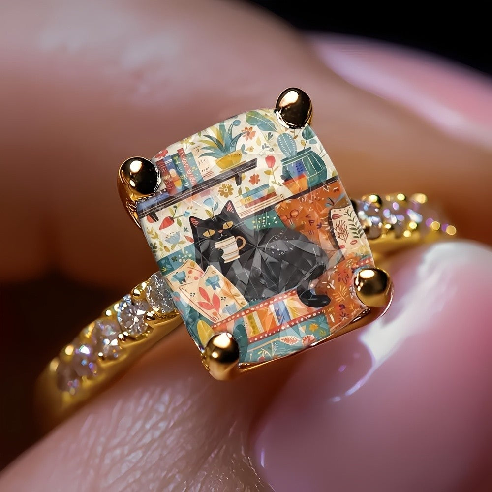 Colorful Black Cat Square Ring