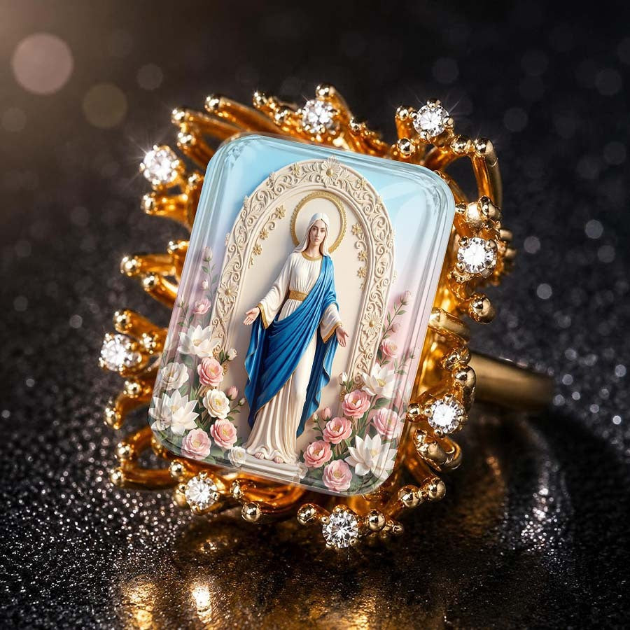 Vintage Floral Virgin Mary Square Ring