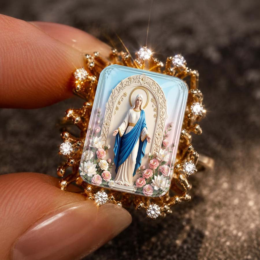 Vintage Floral Virgin Mary Square Ring