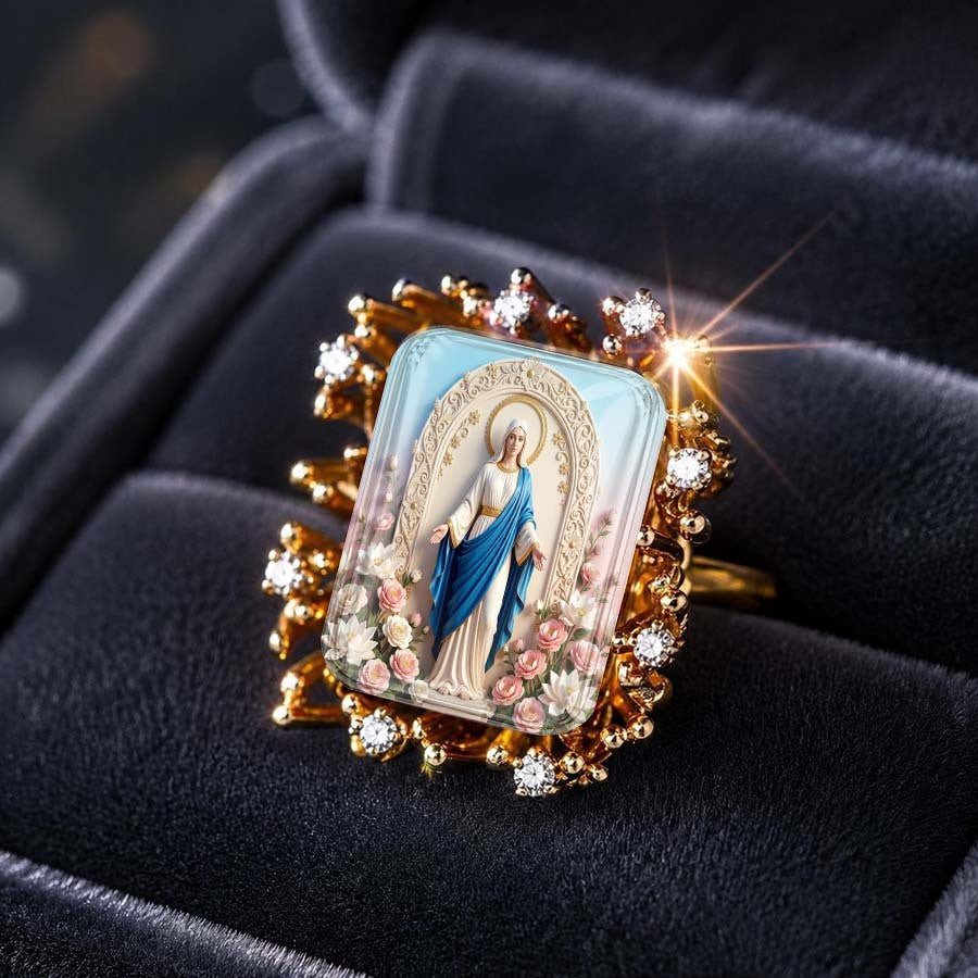 Vintage Floral Virgin Mary Square Ring