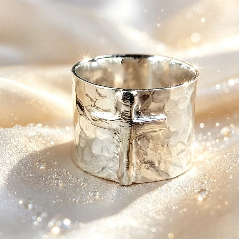 Wide Hammered Cross Ring