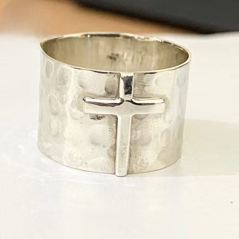 Wide Hammered Cross Ring