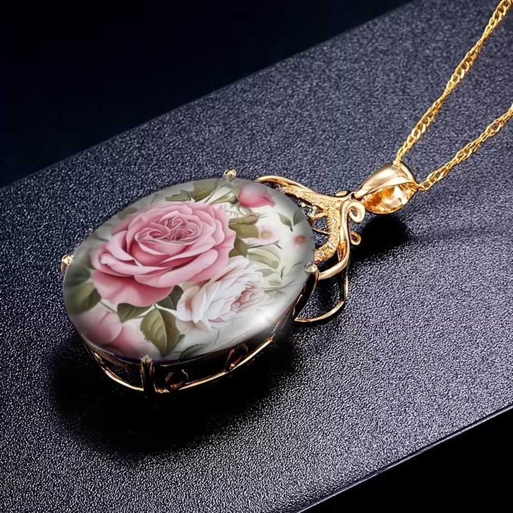 Rose Bouquet Oval Necklace