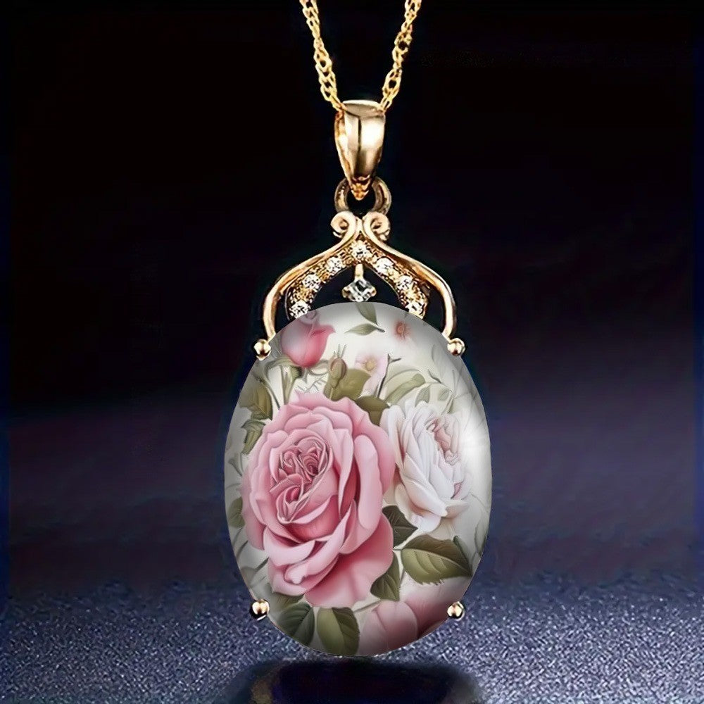 Rose Bouquet Oval Necklace