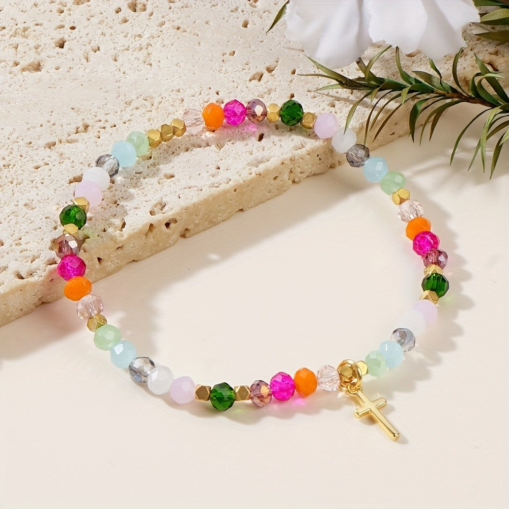 Rainbow Gemstone Cross Bracelet