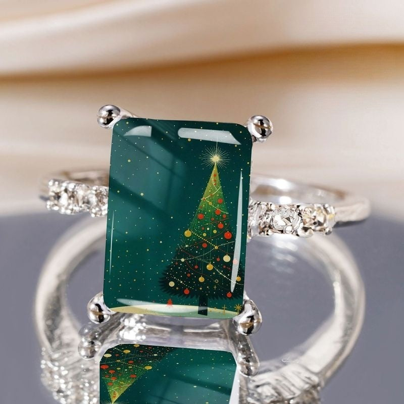 Silver Christmas Tree Rectangle Ring