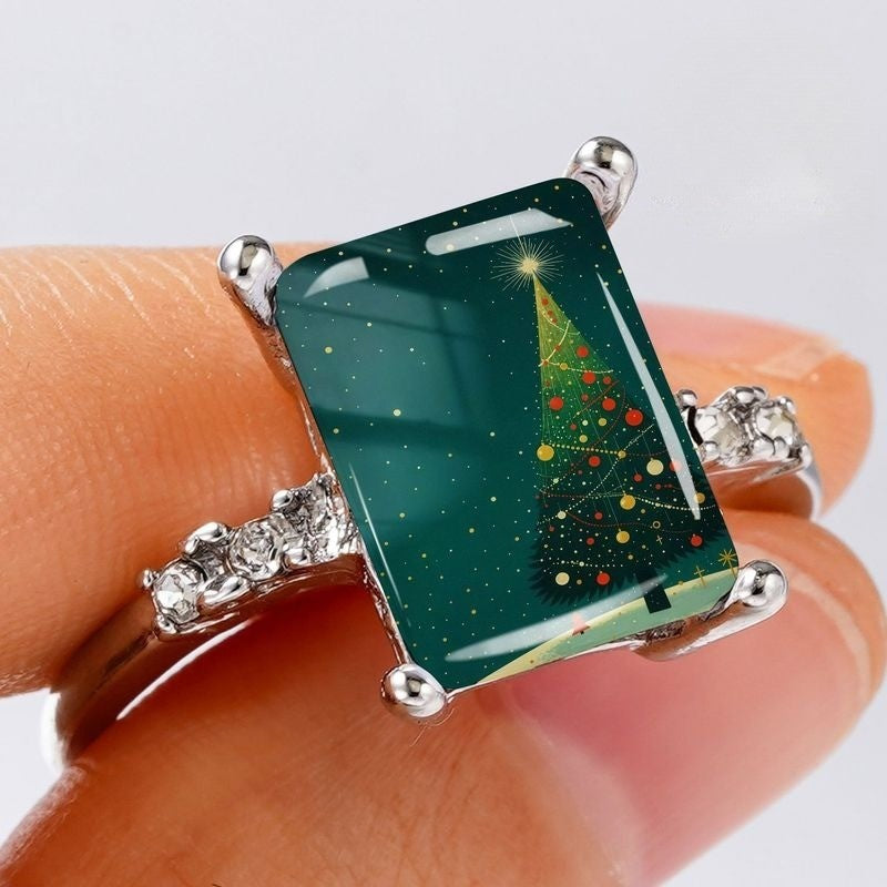 Silver Christmas Tree Rectangle Ring
