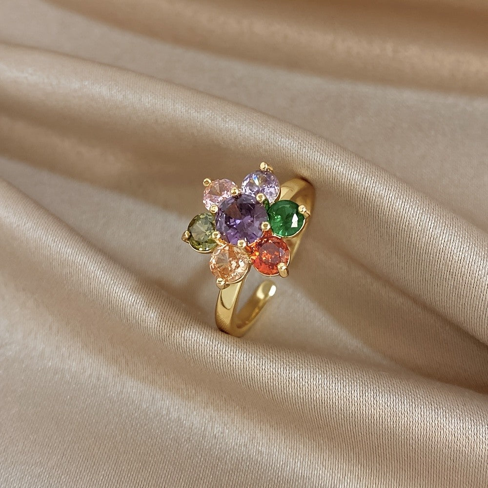Multicolor Zircon Flower Ring