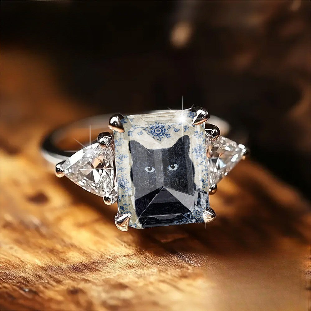 Blue Floral Black Cat Square Ring