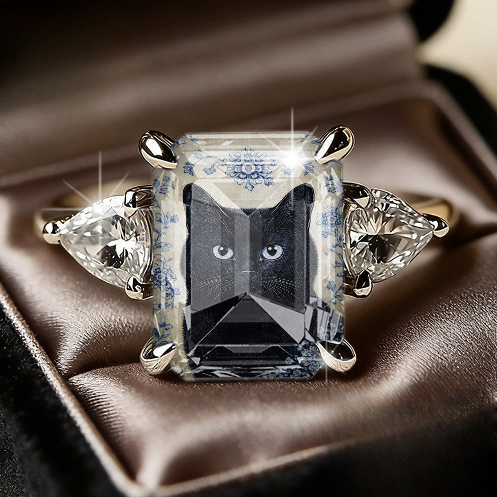 Blue Floral Black Cat Square Ring